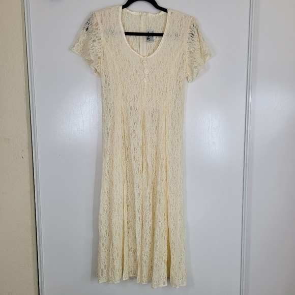 Vtg Cream Lace Midi Dress Cottagecore Boho Short Sleeve Romantic Wedding Size 10 - Picture 3 of 17
